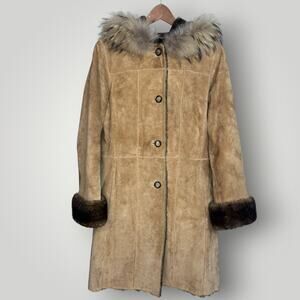 Vintage La Nouvelle Renaissance Coat Suede Long Raccoon Fur Trim Y2K Jacket